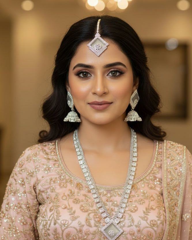 Contemporary Silver-Tone Diamond-Style Long Necklace Set