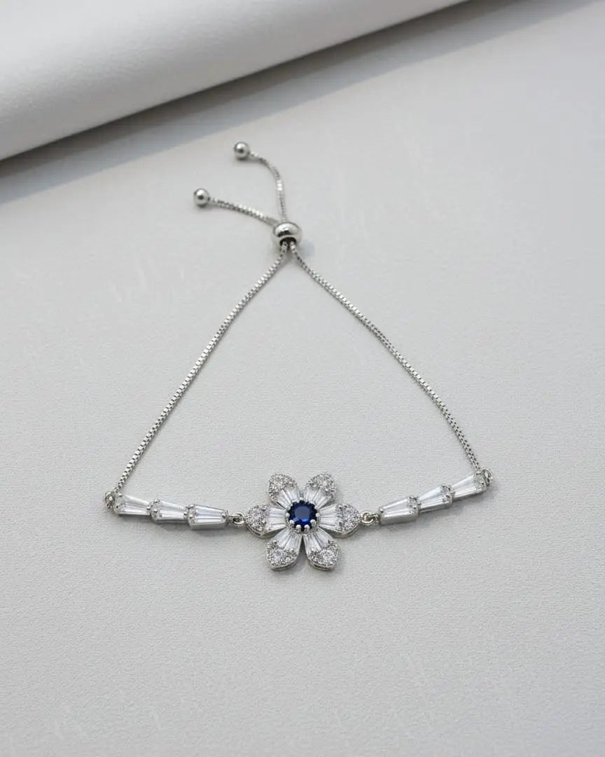 Dainty Silver Floral Bracelet – Blue Sapphire Centerpiece with Baguette Crystals LAB BEAUTY