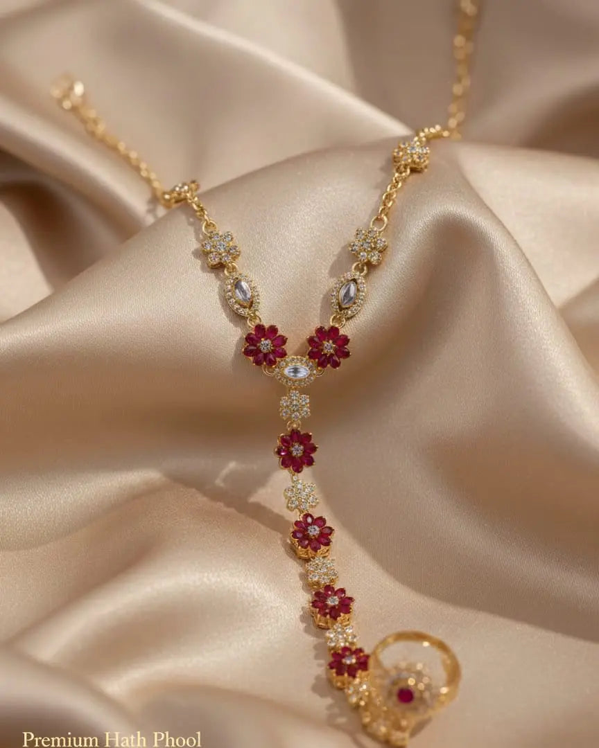 Red & Golden Hath Phool – Bridal & Traditional Hand Jewelry LAB BEAUTY