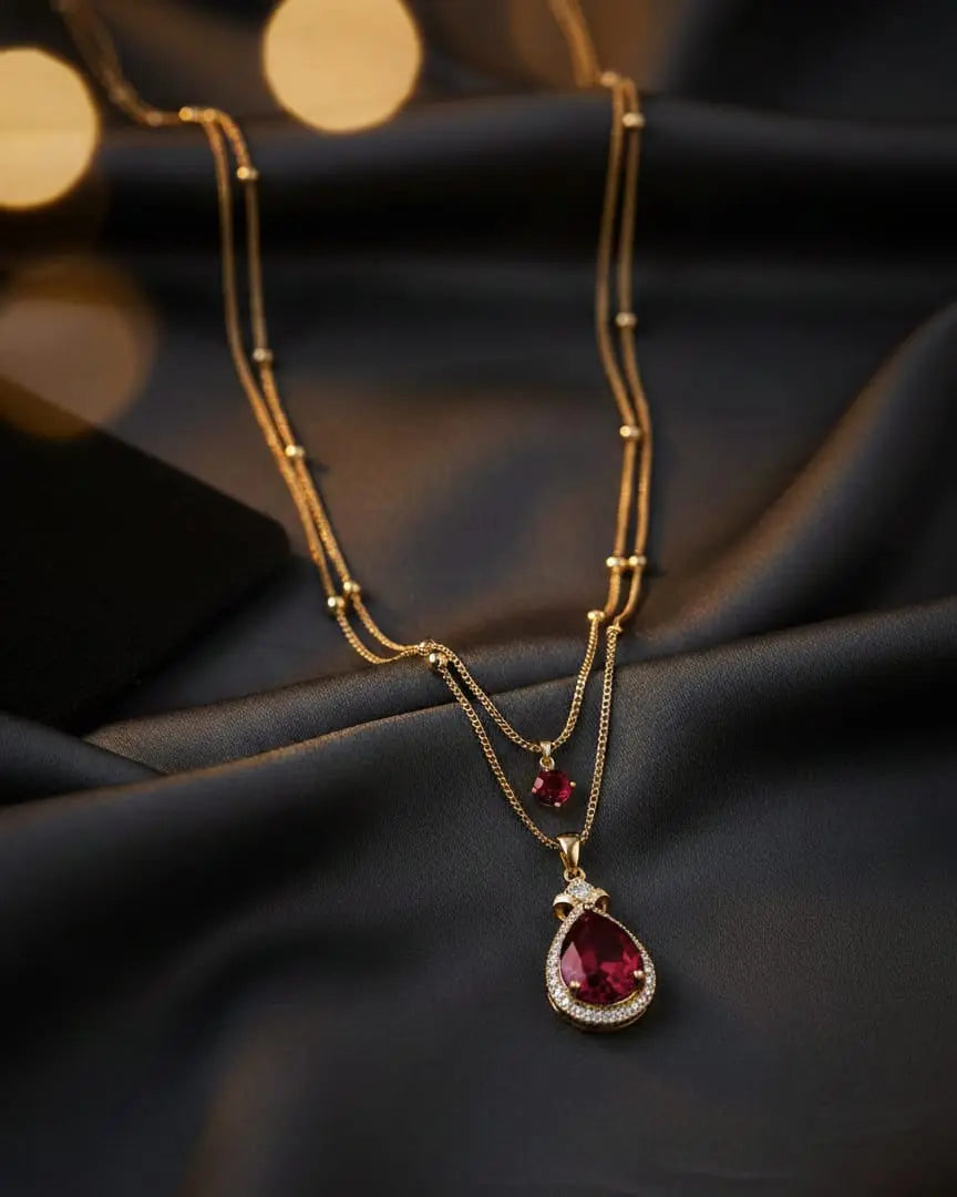 Maroon Elegance Collection – 16k Gold-Plated Double Layered Necklace with Hand-Cut Ruby Gemstones LAB BEAUTY