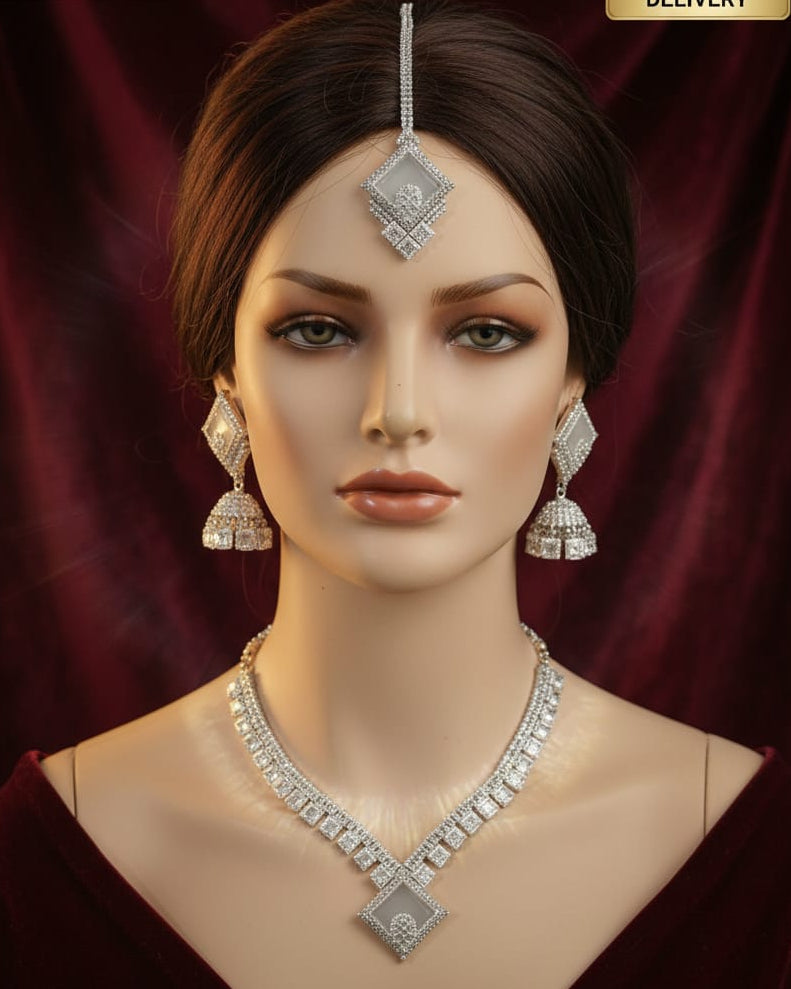 Contemporary Silver-Tone Diamond-Style Long Necklace Set