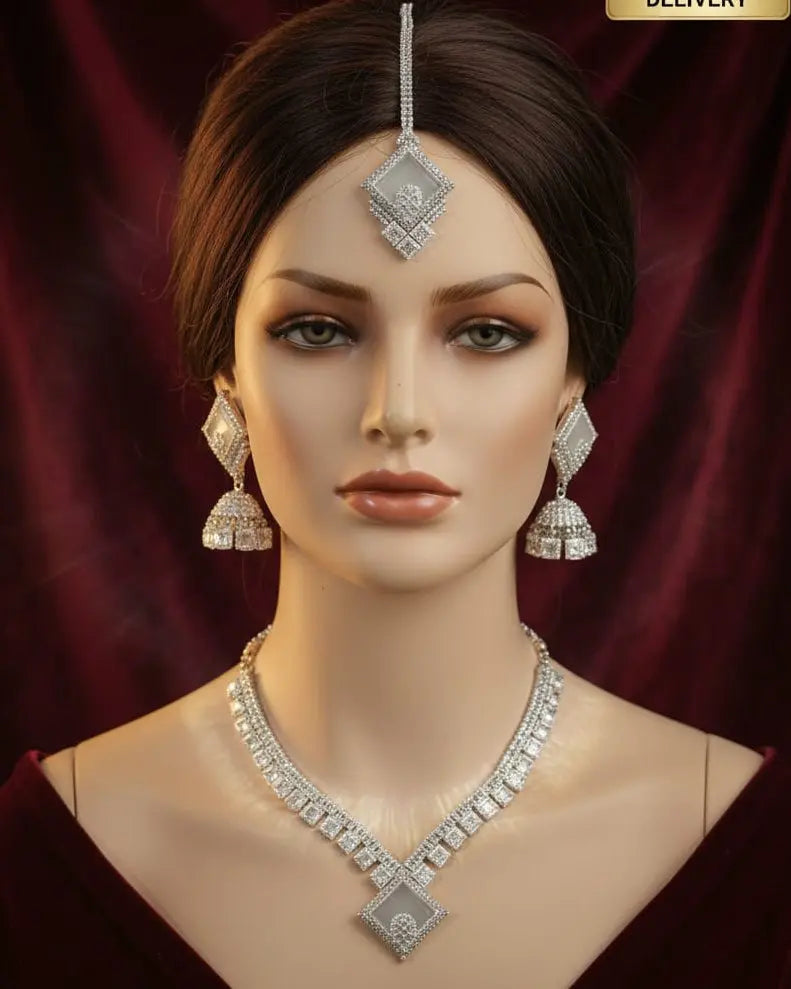 Contemporary Silver-Tone Diamond-Style Long Necklace Set LAB BEAUTY