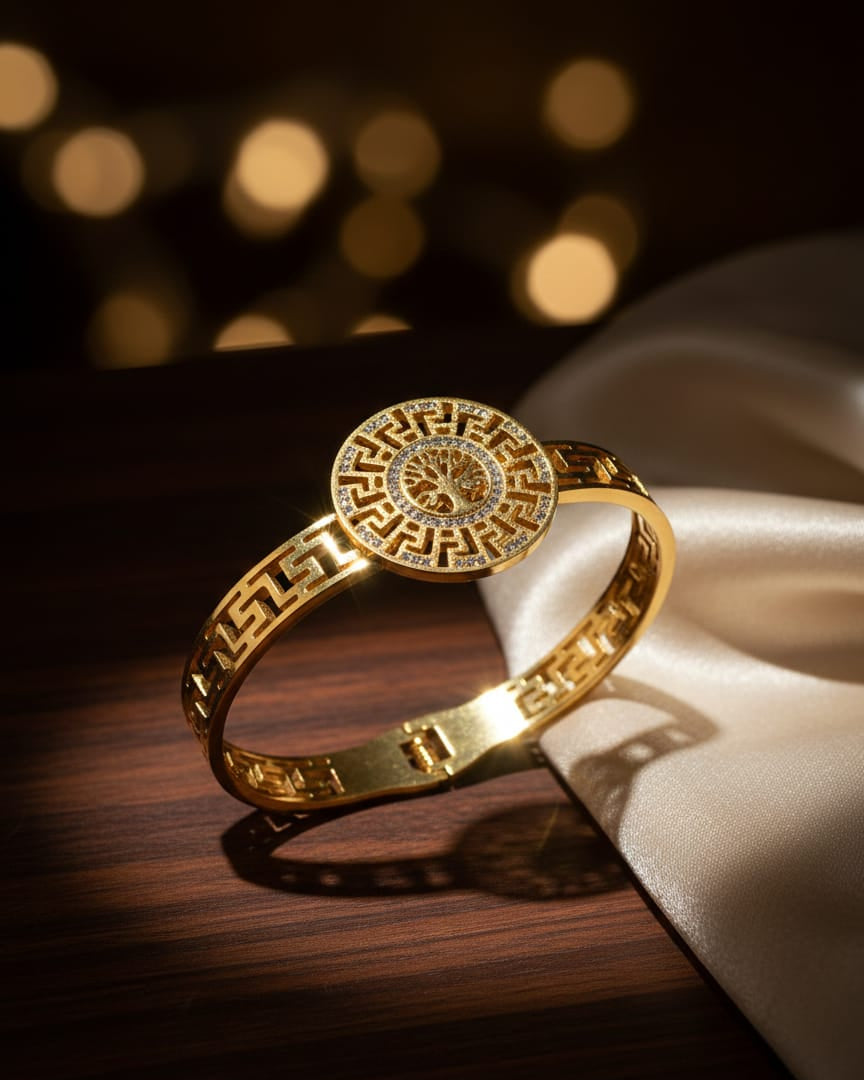 Imperial Greek Key Bangle – gold Bracelet with Crystal Inlaid Medallion