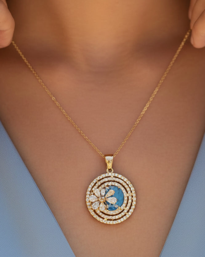 Rose Blossom Halo Necklace – Elegant Circular Crystal Pendant in 14k Gold Finish