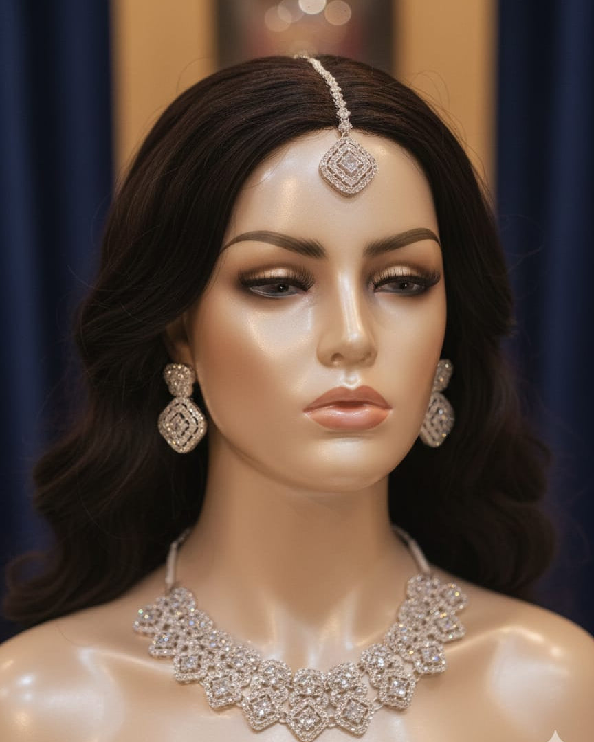 Elegant Rhodium-Plated Square Halo Choker Set with Matching Earrings and Maang Tikka