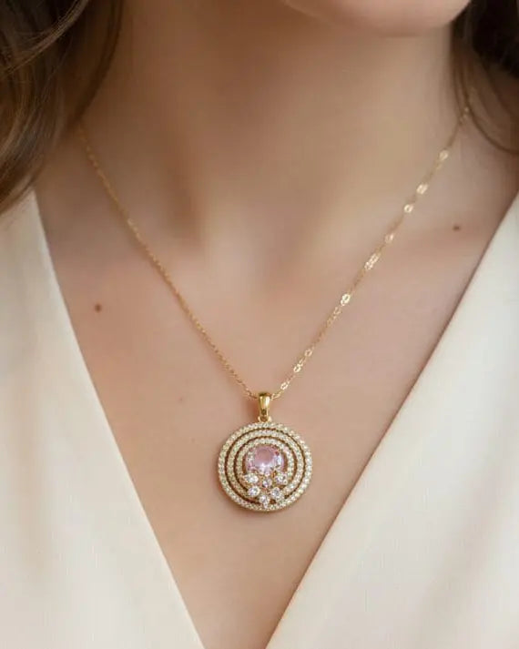 Rose Blossom Halo Necklace – Elegant Circular Crystal Pendant in 14k Gold Finish LAB BEAUTY
