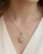 Rose Blossom Halo Necklace – Elegant Circular Crystal Pendant in 14k Gold Finish LAB BEAUTY