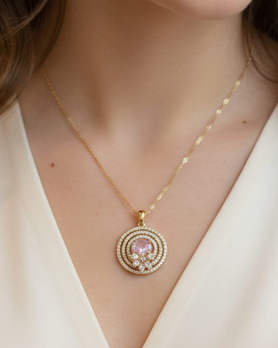 Rose Blossom Halo Necklace – Elegant Circular Crystal Pendant in 14k Gold Finish