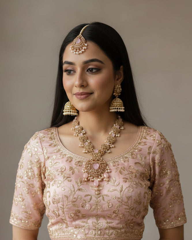 Royal Rose Quartz Long Mala Set – Premium Wedding Collection with Pearl Tassels