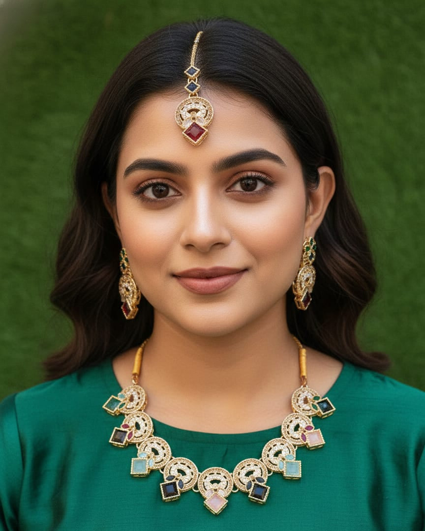 Exquisite Multi-Color Stone Choker Jewelry Set with Matching Earrings & Maang Tikka – Gold-Plated Traditional Bridal & Festive Wear