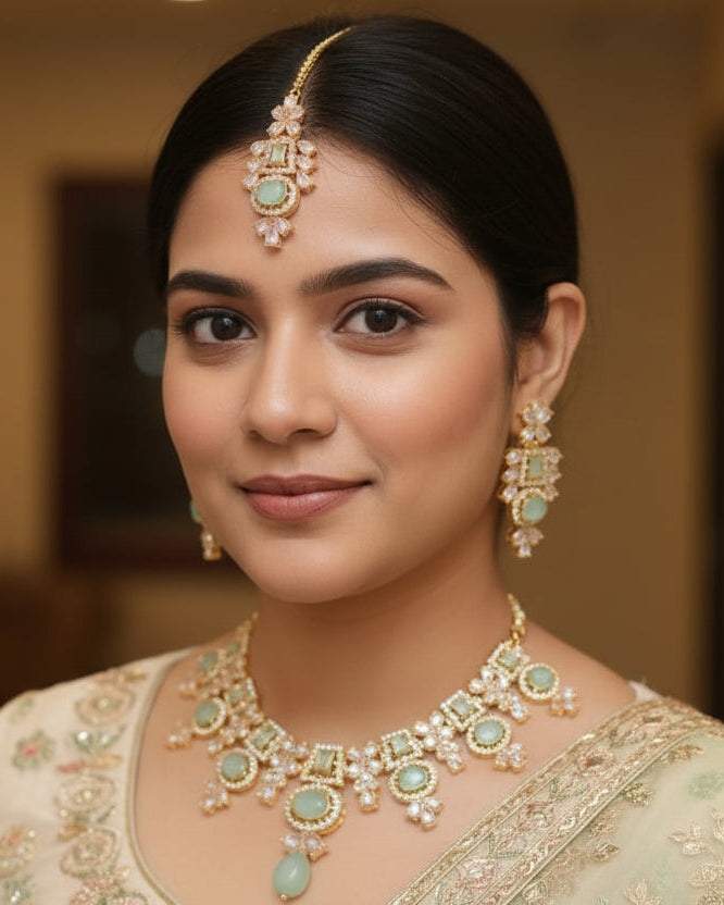 Traditional Gold-Tone Mint Green Stone Bridal Necklace & Tikka Set