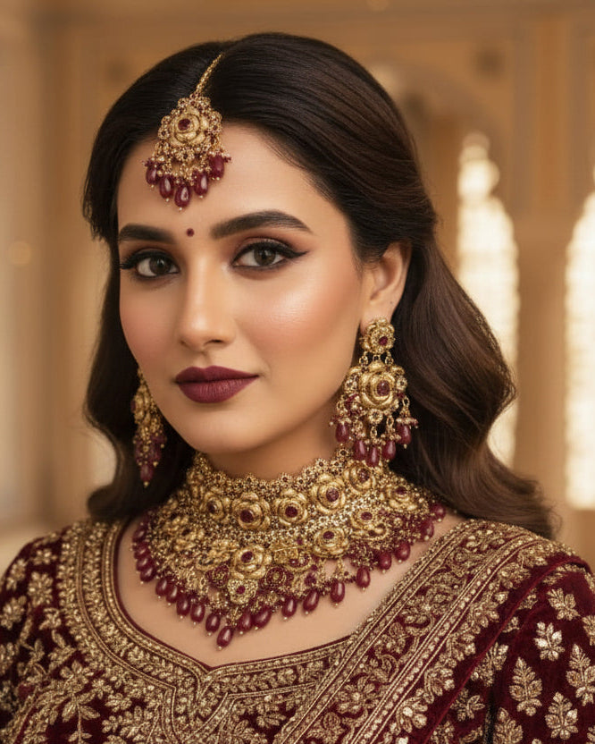 Heritage Maroon Pearl & Gold Heavy Bridal Set – Choker, Jhumkas, & Tikka