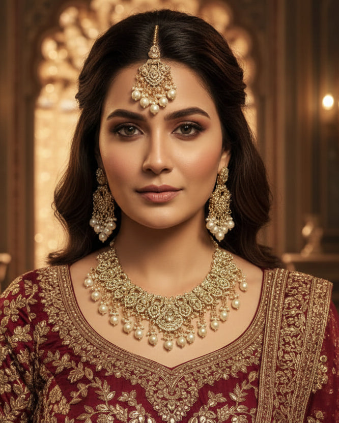 Classic Pearl & Kundan Nikkah Jewelry Set – 4-Piece Gold-Plated Collection with Choker, Earrings, and Maang Tikka