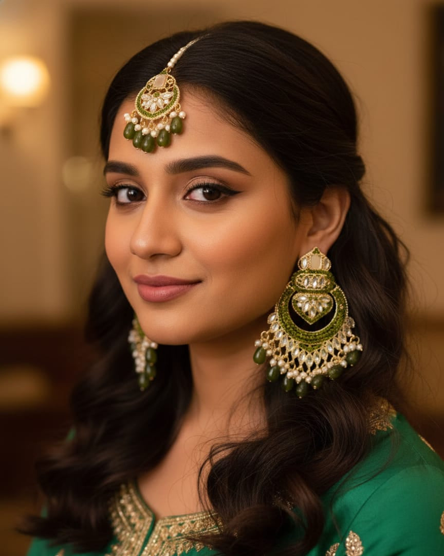 Mehndi Green Kashees Style Jhumke Earrings – Traditional Party & Bridal Wear
