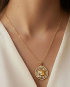 Rose Blossom Halo Necklace – Elegant Circular Crystal Pendant in 14k Gold Finish LAB BEAUTY
