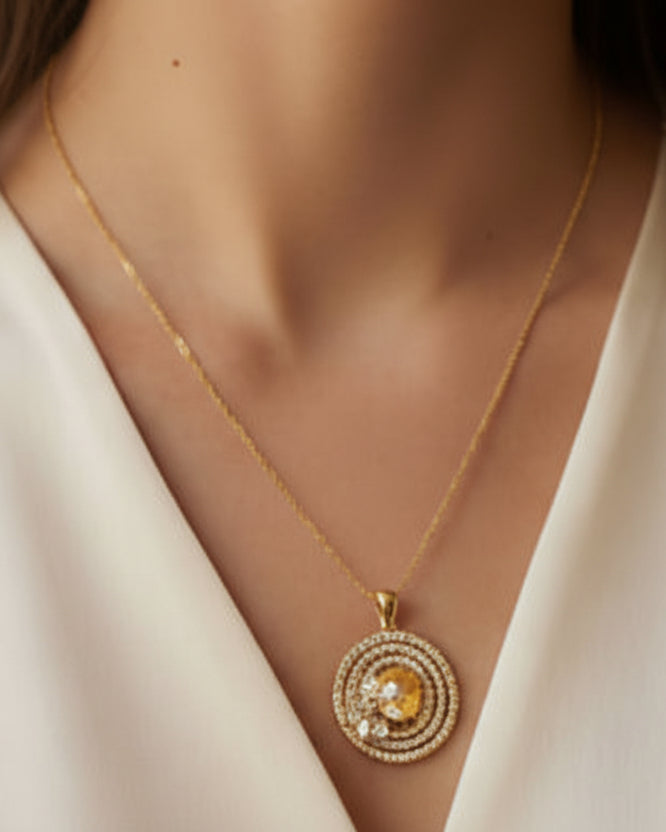 Rose Blossom Halo Necklace – Elegant Circular Crystal Pendant in 14k Gold Finish