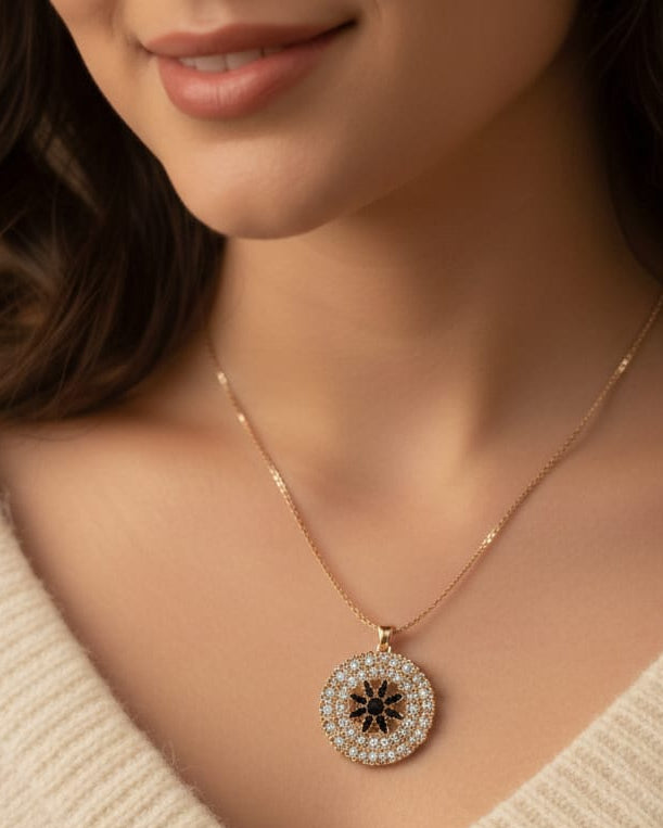 Rose Blossom Halo Necklace – Elegant Circular Crystal Pendant in 14k Gold Finish