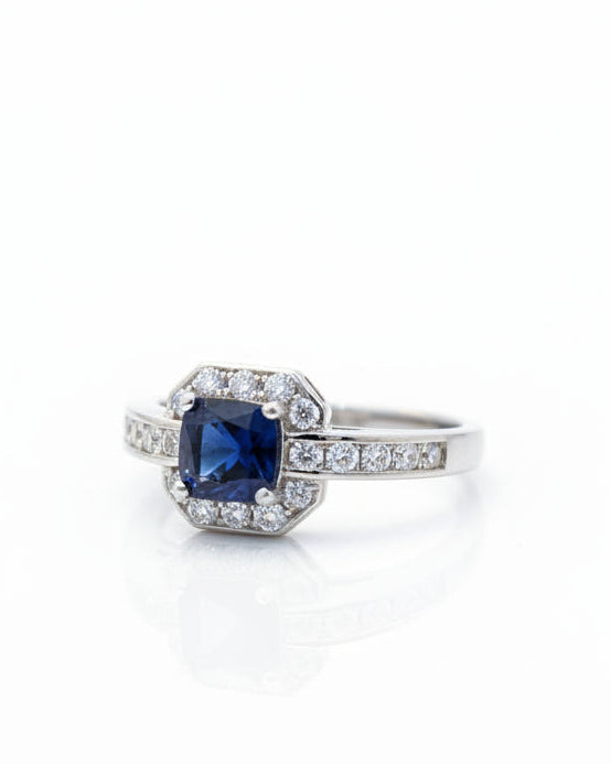 Rhodium-Plated Square Halo Statement Ring with Pave Inlaid Band