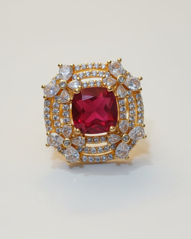 Vintage-Inspired Cushion-Cut Ruby Red Cocktail Ring in Gold Finish