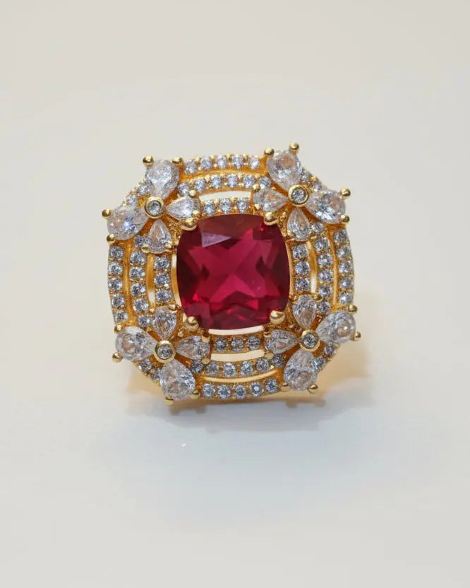 Vintage-Inspired Cushion-Cut Ruby Red Cocktail Ring in Gold Finish LAB BEAUTY