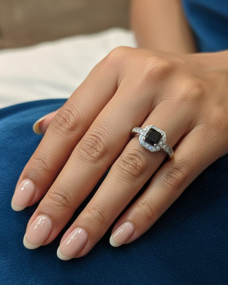 Rhodium-Plated Square Halo Statement Ring with Pave Inlaid Band