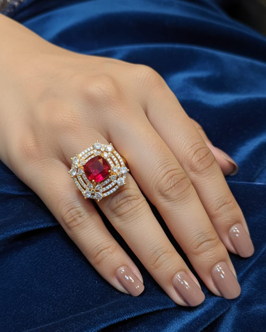 Vintage-Inspired Cushion-Cut Ruby Red Cocktail Ring in Gold Finish