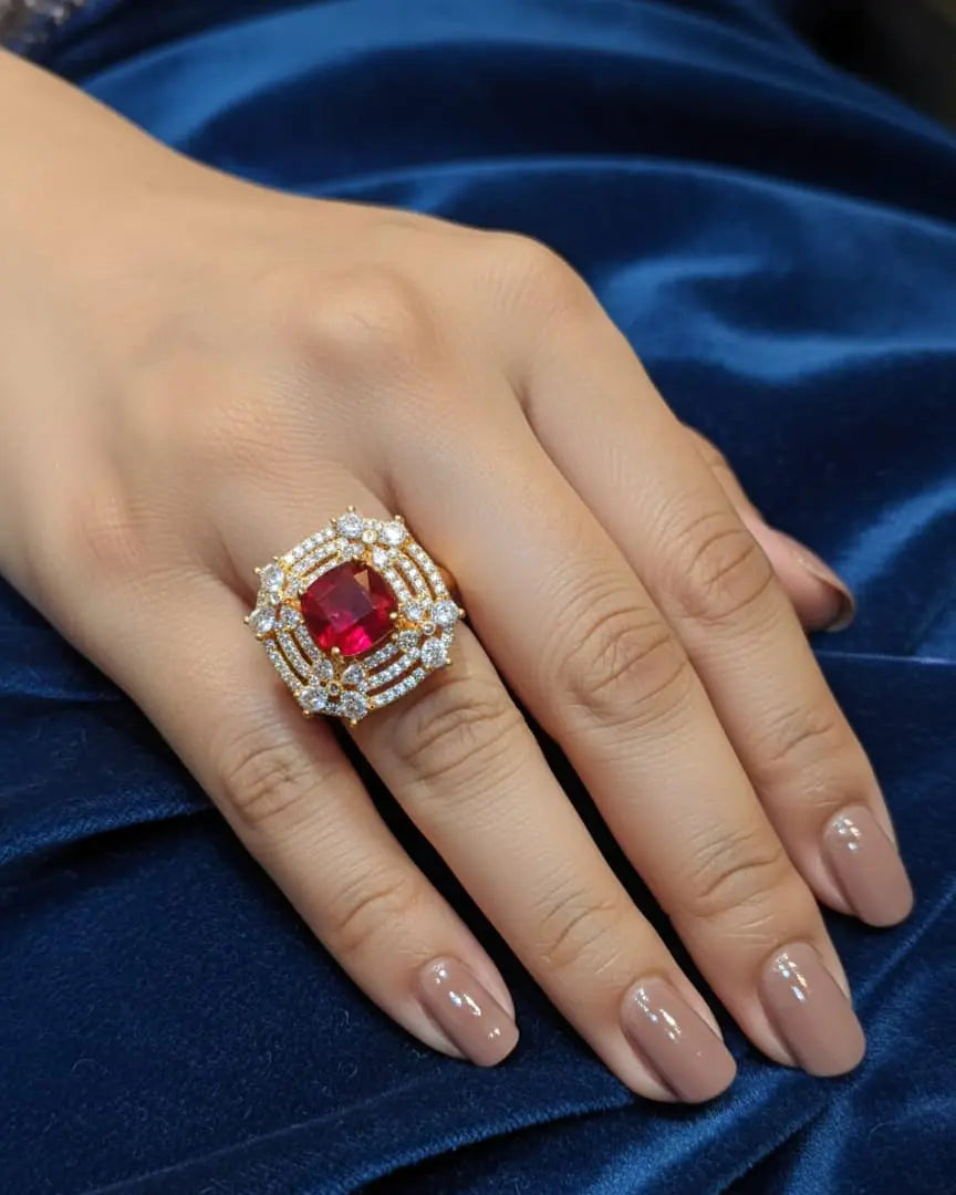Vintage-Inspired Cushion-Cut Ruby Red Cocktail Ring in Gold Finish LAB BEAUTY