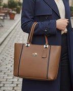 Classic Brown Heritage Tote with Navy Racing Stripes – Designer Style Monogram Shoulder Bag