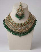 Regal Emerald & Polki Bridal Jewelry Set – Comprehensive 5-Piece Wedding Collection with Choker, Earrings, Maang Tikka, Passa, and Bridal Nath LAB BEAUTY