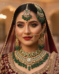 Regal Emerald & Polki Bridal Jewelry Set – Comprehensive 5-Piece Wedding Collection with Choker, Earrings, Maang Tikka, Passa, and Bridal Nath LAB BEAUTY