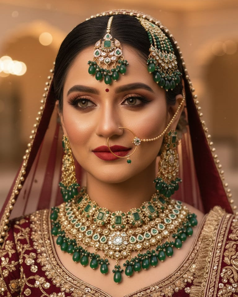 Regal Emerald & Polki Bridal Jewelry Set – Comprehensive 5-Piece Wedding Collection with Choker, Earrings, Maang Tikka, Passa, and Bridal Nath