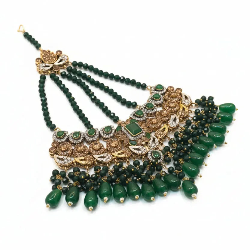 Regal Emerald & Polki Bridal Jewelry Set – Comprehensive 5-Piece Wedding Collection with Choker, Earrings, Maang Tikka, Passa, and Bridal Nath LAB BEAUTY