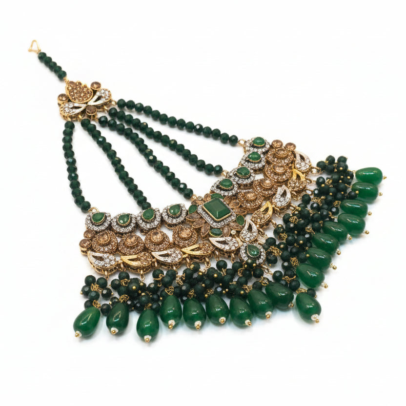 Regal Emerald & Polki Bridal Jewelry Set – Comprehensive 5-Piece Wedding Collection with Choker, Earrings, Maang Tikka, Passa, and Bridal Nath