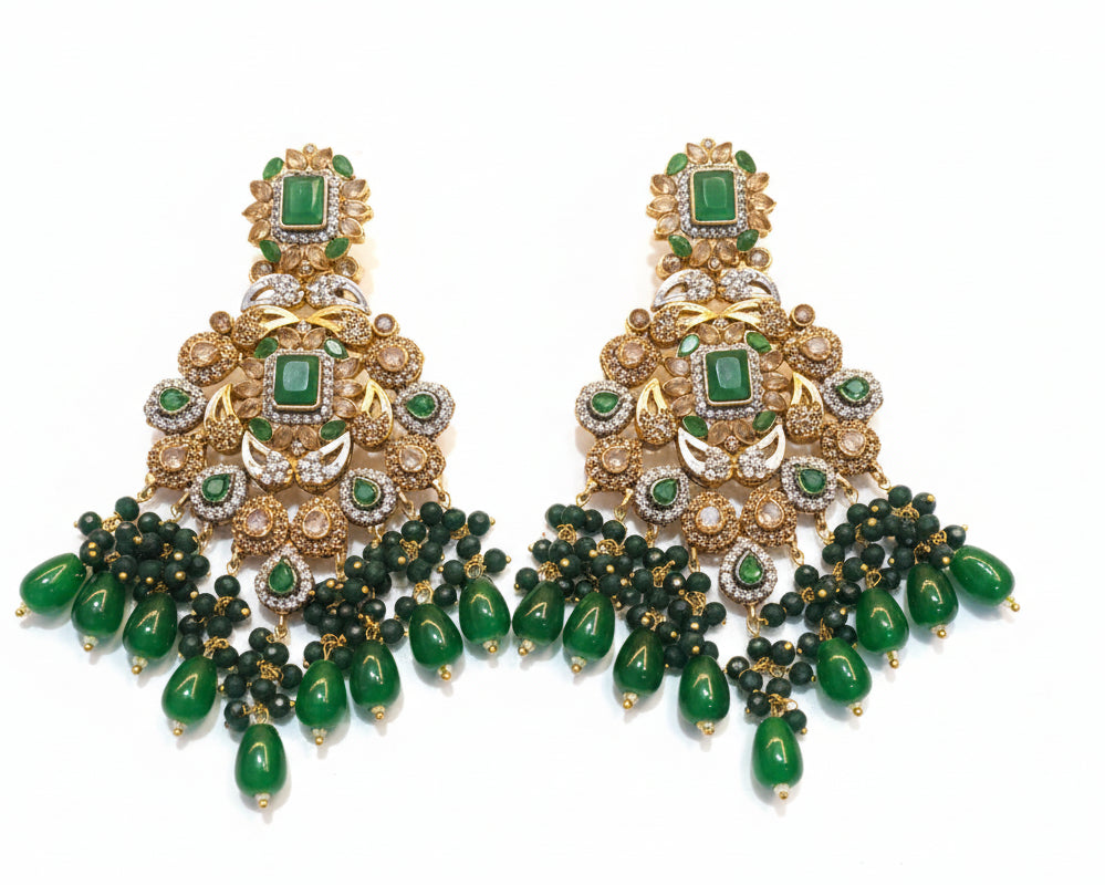 Regal Emerald & Polki Bridal Jewelry Set – Comprehensive 5-Piece Wedding Collection with Choker, Earrings, Maang Tikka, Passa, and Bridal Nath