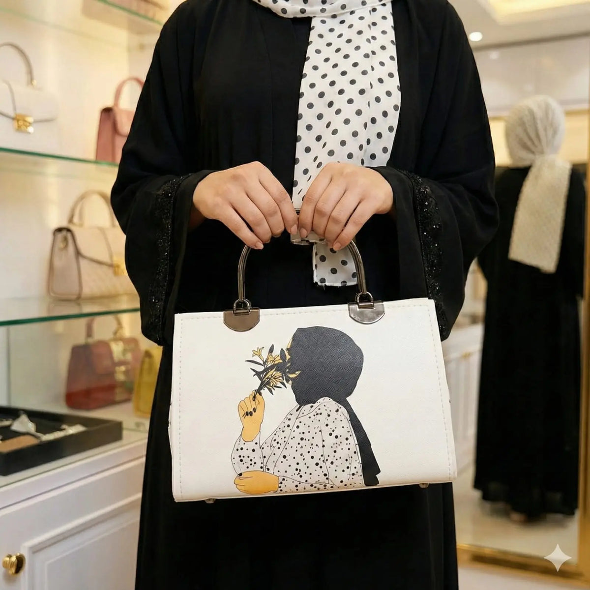 "Floral Hijabi" Illustration Box Bag - Handcrafted Aesthetic Tote LAB BEAUTY