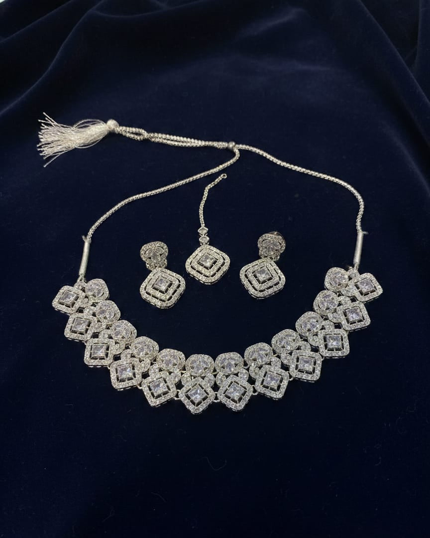 Elegant Rhodium-Plated Square Halo Choker Set with Matching Earrings and Maang Tikka