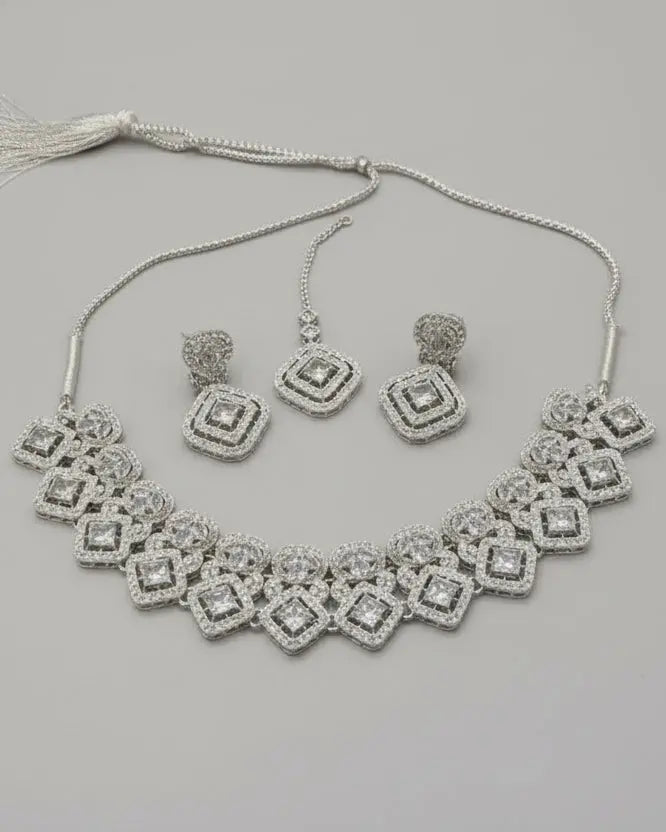 Elegant Rhodium-Plated Square Halo Choker Set with Matching Earrings and Maang Tikka LAB BEAUTY