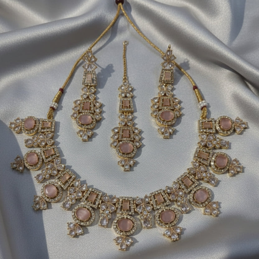Rose Quartz & Crystal Pastel Jewelry Set – Contemporary 4-Piece Gold-Plated Festive Collection
