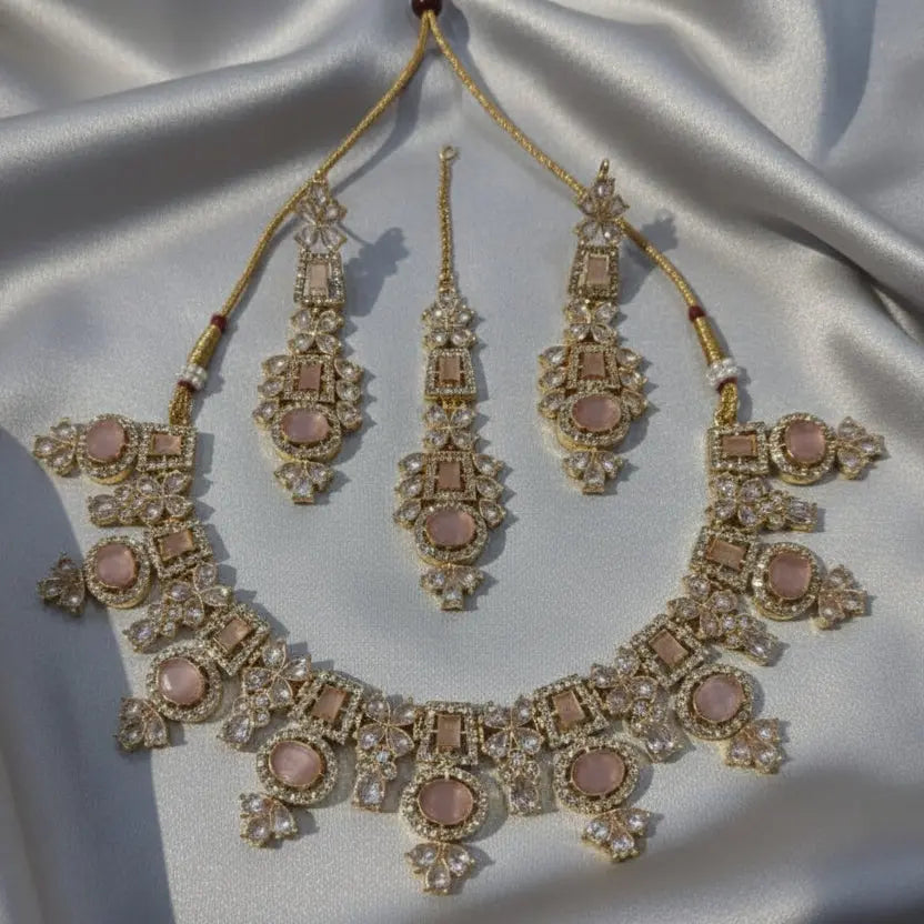 Rose Quartz & Crystal Pastel Jewelry Set – Contemporary 4-Piece Gold-Plated Festive Collection LAB BEAUTY