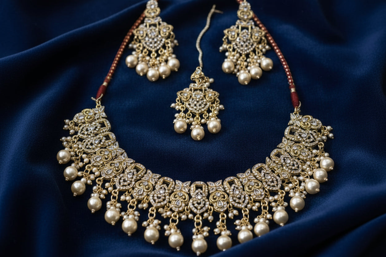 Classic Pearl & Kundan Nikkah Jewelry Set – 4-Piece Gold-Plated Collection with Choker, Earrings, and Maang Tikka