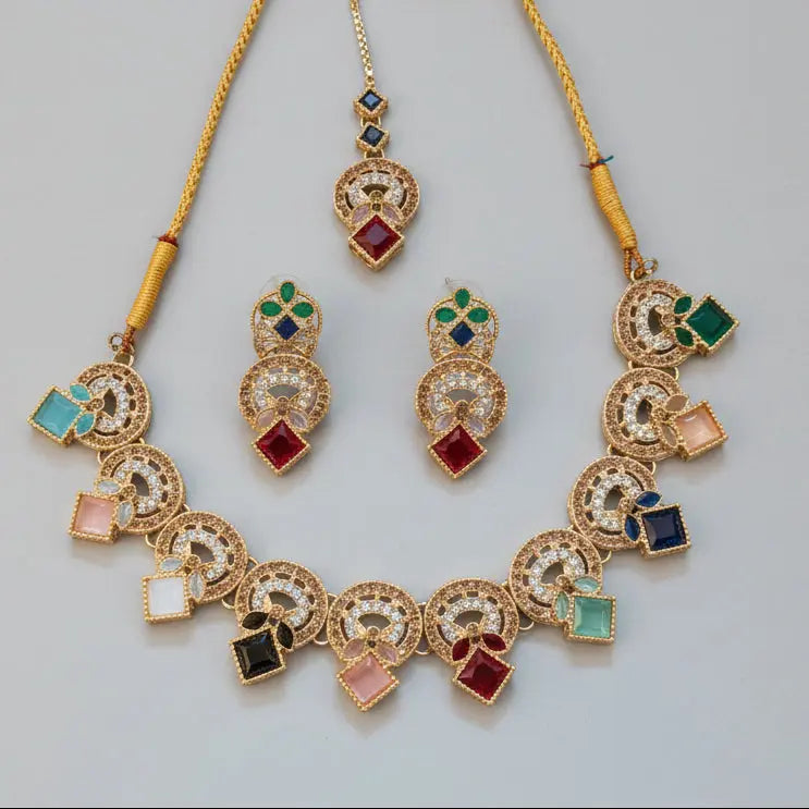 Exquisite Multi-Color Stone Choker Jewelry Set with Matching Earrings & Maang Tikka – Gold-Plated Traditional Bridal & Festive Wear LAB BEAUTY