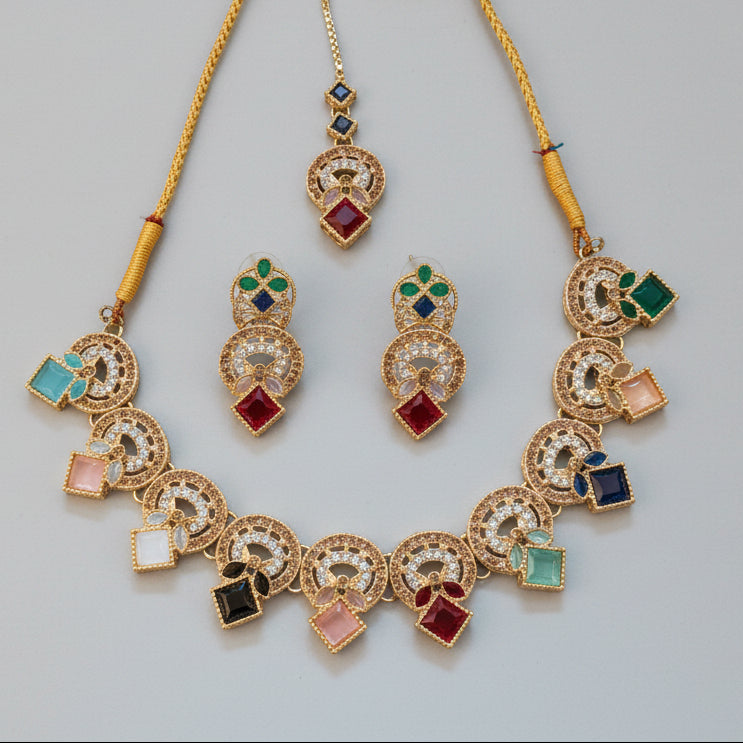 Exquisite Multi-Color Stone Choker Jewelry Set with Matching Earrings & Maang Tikka – Gold-Plated Traditional Bridal & Festive Wear
