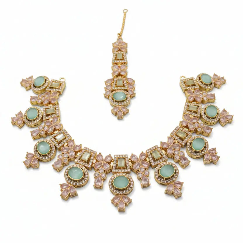 Traditional Gold-Tone Mint Green Stone Bridal Necklace & Tikka Set LAB BEAUTY