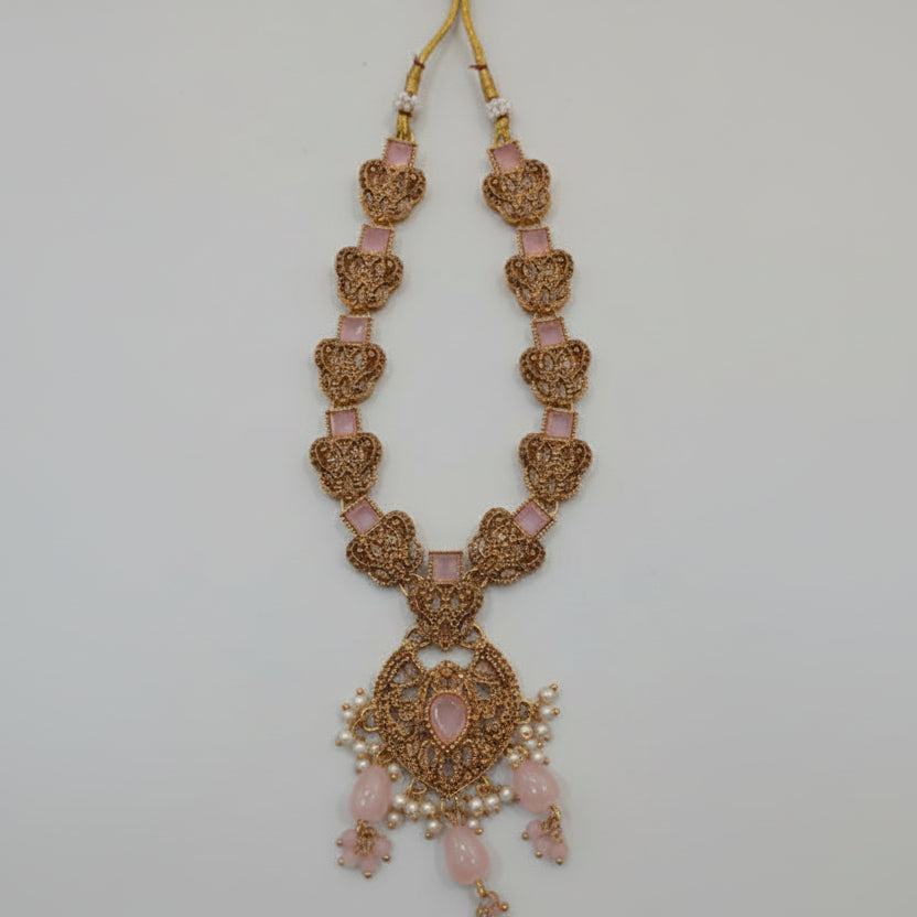 Royal Rose Quartz Long Mala Set – Premium Wedding Collection with Pearl Tassels