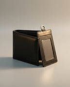Premium Black Leather Bifold Wallet with Detachable Flip-Out ID Window & D-Ring