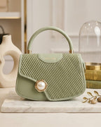 Elegant Sage Green Quilted Top-Handle Bag – Luxury Vegan Leather Handbag with Pearl Clasp