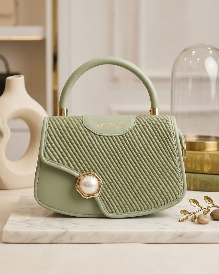 Elegant Sage Green Quilted Top-Handle Bag – Luxury Vegan Leather Handbag with Pearl Clasp
