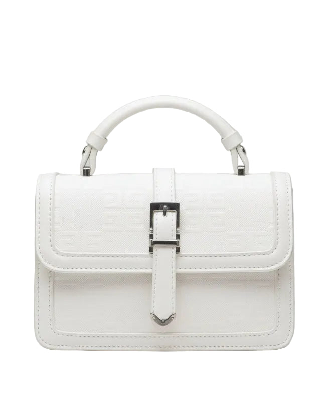 White Embossed Top-Handle Bag – Structured Geometric Crossbody with Silver Buckle Detail  Product Description: