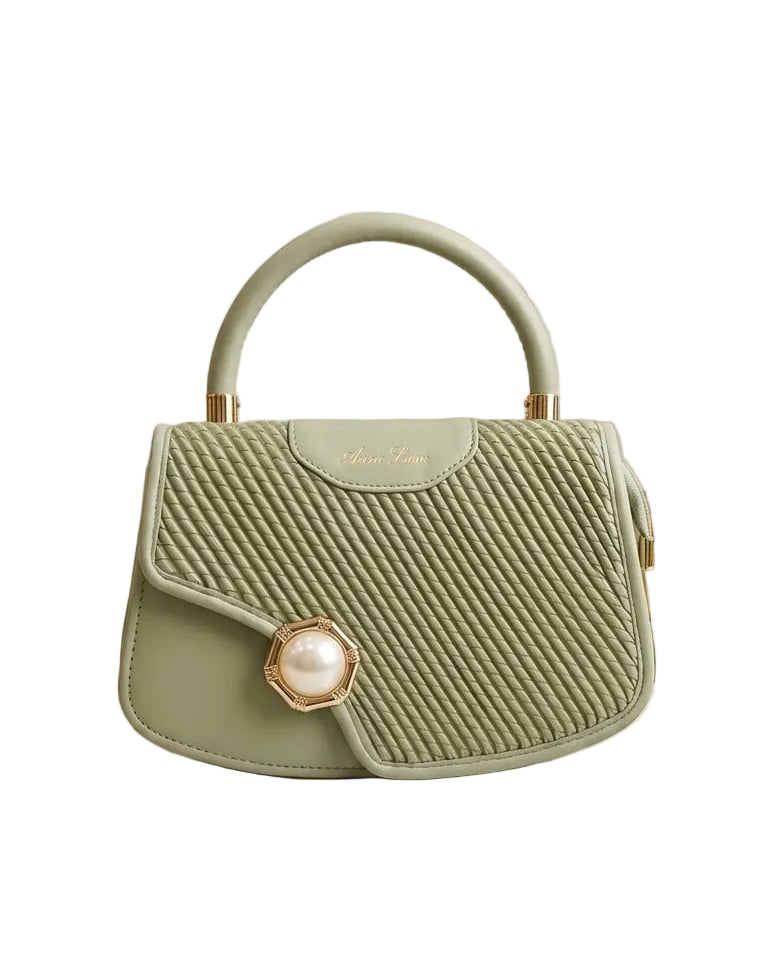 Elegant Sage Green Quilted Top-Handle Bag – Luxury Vegan Leather Handbag with Pearl Clasp