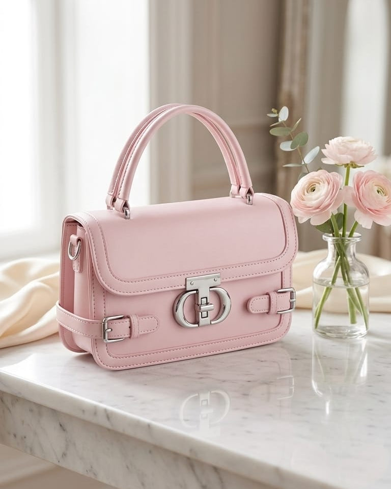 Elegant Blush Pink Top-Handle Bag – Structured Pastel Crossbody with Silver Belt & Clasp Details